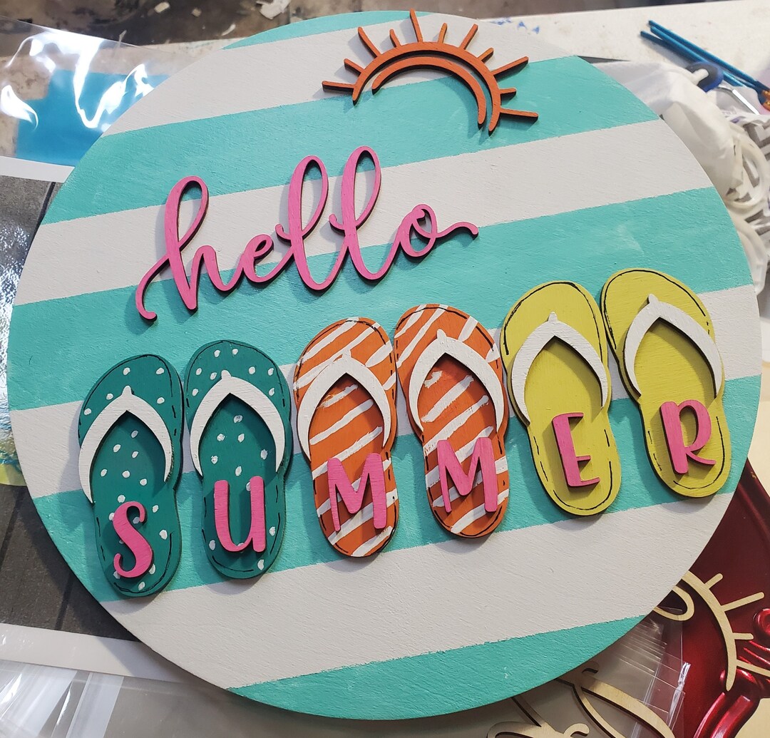 DIY or Completed Hello Summer Flip Flop Door Hanger Sign for Paint