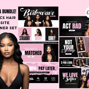 DIY Pink Hair Website Banner Set | 35 Pcs Mega Bundle | Shopify Hair Extensions | Hair Boutique Store Design | Website Design Templates Set