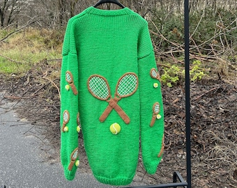 Handmade Cardigan for Women,Knitted Tennis Racquet and Ball Cardigan,Crochet Cardigan for Men,Long Cardigan,Oversize Unisex Tennis Rackets