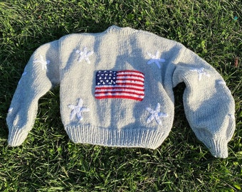 Cardigan For Women,Handmade American Flag Patterned Sweater,Cropped Crochet Sea Star Cardigan,American Flag Patterned Cardigan