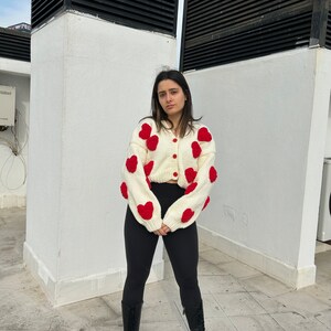 Cardigan For Women,Heart Shaped Cardigan,Handmade Heart Crochet Knit,Cardigan For Women,Heart Pattern,Red Big Soft Heart,Crop Cardigan image 2