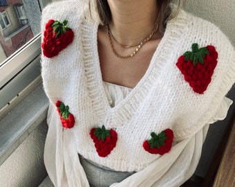 Handmade Knit Strawberry Cardigan for Women, Wool Sweater, Handmade Sweater,Knit Cardigan,Strawberry Cardigan,Gift Cardigan,White Red Color