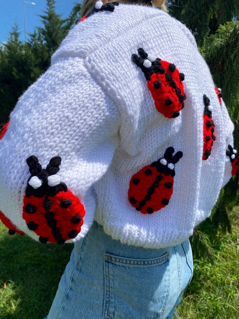 Cardigan For Women,Ladybug Cardigan,Handmade Knit Ladybig Sweater,White Cropped Chunky Ladybug Cardigan,Christmas Gift,Animal Shaped Cardig image 5