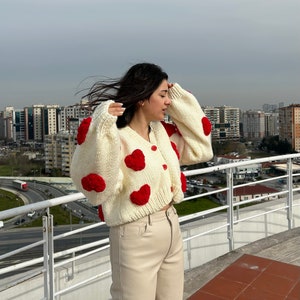 Cardigan For Women,Heart Shaped Cardigan,Handmade Heart Crochet Knit,Cardigan For Women,Heart Pattern,Red Big Soft Heart,Crop Cardigan image 9