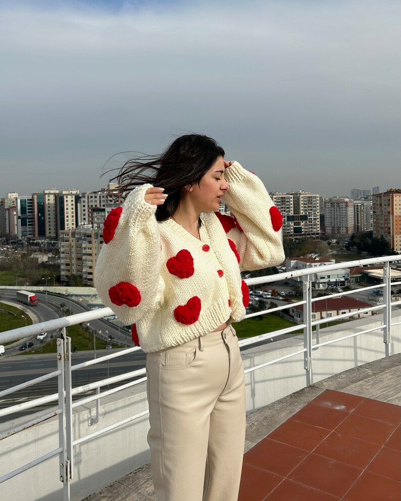 Cardigan For Women,Heart Shaped Cardigan,Handmade Heart Crochet Knit,Cardigan For Women,Heart Pattern,Red Big Soft Heart,Crop Cardigan image 9