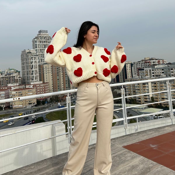 Cardigan For Women,Heart Shaped Cardigan,Handmade Heart Crochet Knit,Cardigan For Women,Heart Pattern,Red Big Soft Heart,Crop Cardigan