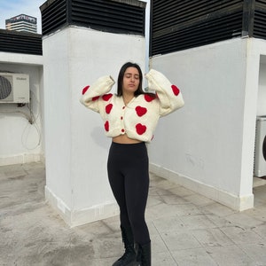 Cardigan For Women,Heart Shaped Cardigan,Handmade Heart Crochet Knit,Cardigan For Women,Heart Pattern,Red Big Soft Heart,Crop Cardigan image 6