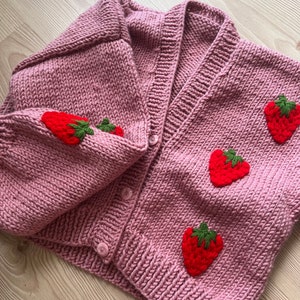 Strawberry Cardigan,Cardigan For Women,Pink Fruit Chunky Handmade Knit Wool Cardigan,Handmade Sweater,Cardigan, Strawberry Cardigan