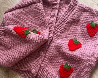 Strawberry Cardigan,Cardigan For Women,Pink Fruit Chunky Handmade Knit Wool Cardigan,Handmade Sweater,Cardigan, Strawberry Cardigan