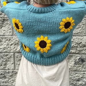 Cardigan For Women,Sunflower Shaped,Handmade Big Flowers,Knit Big Floral Daisy Cardigan,Aqua Green Flowers Color Bloom,Cropped,Christmas Gif