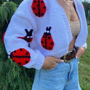 Cardigan For Women,Ladybug Cardigan,Handmade Knit Ladybig Sweater,White Cropped Chunky Ladybug Cardigan,Christmas Gift,Animal Shaped Cardig image 3