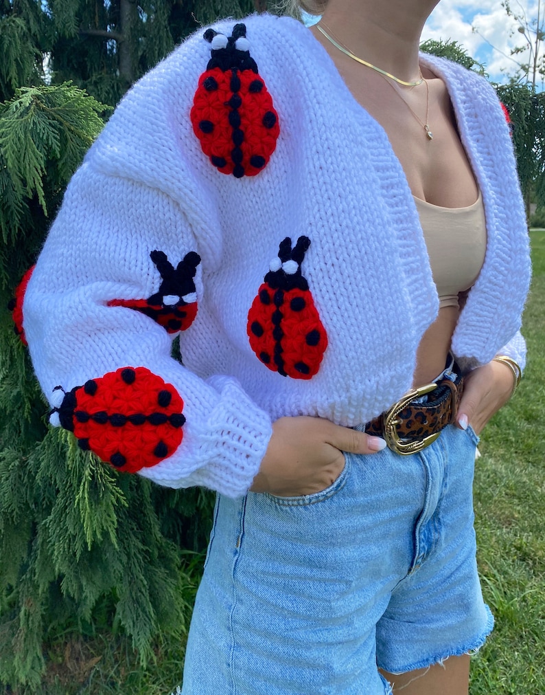 Cardigan For Women,Ladybug Cardigan,Handmade Knit Ladybig Sweater,White Cropped Chunky Ladybug Cardigan,Christmas Gift,Animal Shaped Cardig image 3