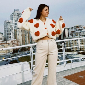 Cardigan For Women,Heart Shaped Cardigan,Handmade Heart Crochet Knit,Cardigan For Women,Heart Pattern,Red Big Soft Heart,Crop Cardigan image 4