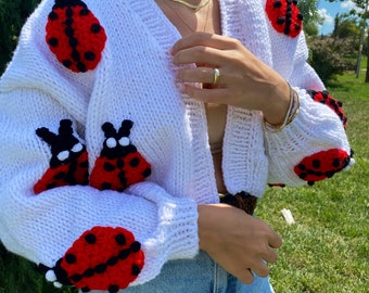 Cardigan For Women,Ladybug Cardigan,Handmade Knit Ladybig Sweater,White Cropped Chunky Ladybug Cardigan,Christmas Gift,Animal Shaped Cardig