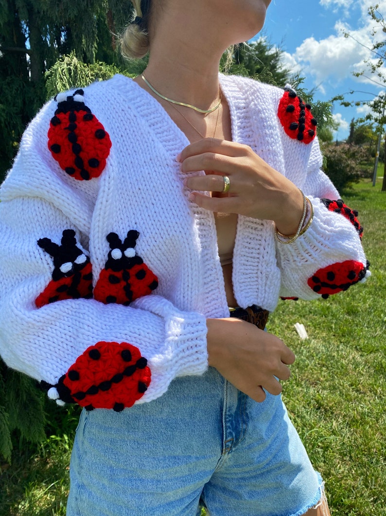 Cardigan For Women,Ladybug Cardigan,Handmade Knit Ladybig Sweater,White Cropped Chunky Ladybug Cardigan,Christmas Gift,Animal Shaped Cardig image 1