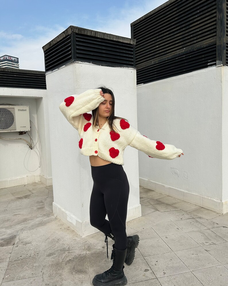 Cardigan For Women,Heart Shaped Cardigan,Handmade Heart Crochet Knit,Cardigan For Women,Heart Pattern,Red Big Soft Heart,Crop Cardigan image 8