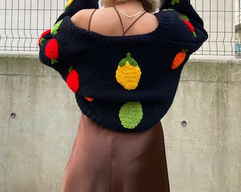 Mixed Fruit Knit Sweater,Cardigan For Women,Colored Fruit Shaped,Lemon Cropped Handmade Orange Cardigan, Apple,Lemon,Pineapple Shaped Women