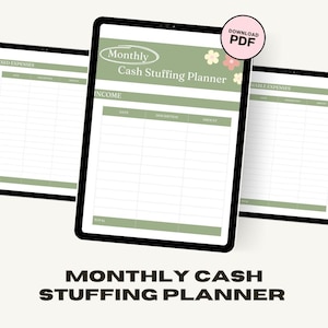 Puede incluir: Una tableta digital muestra un "Planificador mensual de ahorro de efectivo" con secciones para ingresos y gastos. El planificador tiene una combinación de colores verde y blanco, con un botón "Descargar PDF" en la esquina. Las palabras "Monthly Cash Stuffing Planner" están en la parte inferior.