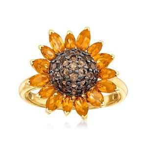 Citrine and .80 ct. t.w. Smoky Quartz Sunflower Ring in 18kt Gold Over Sterling