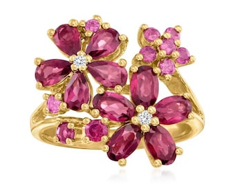 Bague de fleurs grenat rhodolite avec accents de diamant en or 18kt sur argent sterling