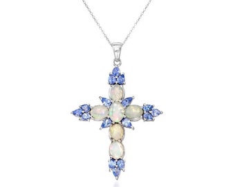 Ethiopian Opal and 1.90 ct. t.w. Tanzanite Cross Pendant Necklace in Sterling Silver-Cross Pendant-Bridal Party Gift-religious pendant