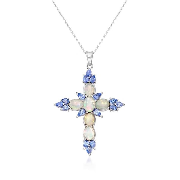 Opale éthiopienne et 1.90 ct. t.w. Tanzanite Croix Pendentif Collier en Argent Sterling-Croix Pendentif-Fête Nuptiale Cadeau-Pendentif religieux