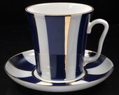 Cobalt 22K Gold Mug and Saucer Cobalt Stripes Russian Imperial Lomonosov Porcelain