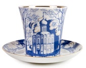 Cobalt 22K Gold Mug and Saucer Russian Church Imperial Lomonosov Porcelain