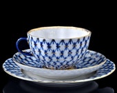 22K Gold Cobalt Net Tea Set Russian Imperial Lomonosov Porcelain