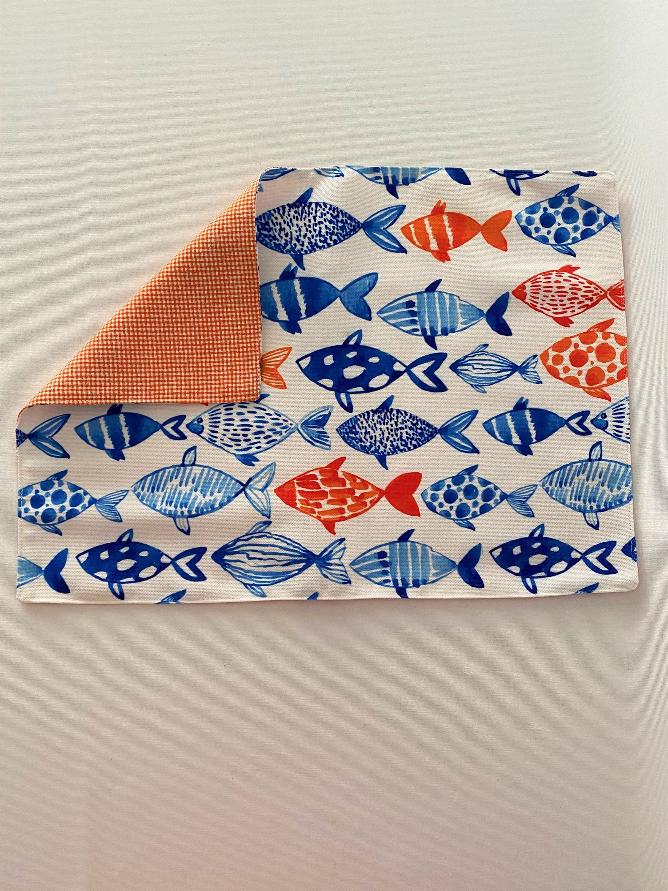Fish Motif Placemat Set 4 6 8 10 Pieces, White and Orange Checkered