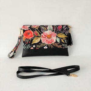 Floral Clutch Bag with Black Vegan Leather, Handmade Purse, Romantic Gift for Her, Evening Wedding Clutch, Flower Clutch, Black Faux Leather