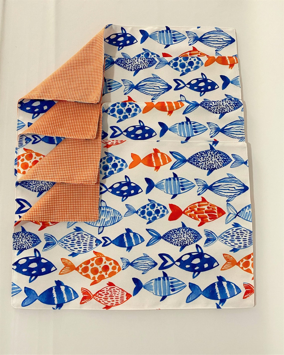 Fish Motif Placemat Set 4 6 8 10 Pieces, White and Orange Checkered