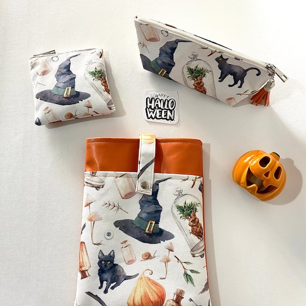 Witch Hat Book Sleeve set of 3, Pumpkin Orange Book Sleeve , Book cover, Tablet cover, Mini Wallet, Pencil Case, Halloween Book Pouch