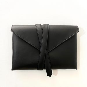 Large Black Vegan Leather Clutch Bag, Chic Minimalist Faux Leather Evening Bag, Handmade Purse Gift For Her, Large Zippered Casual Purse