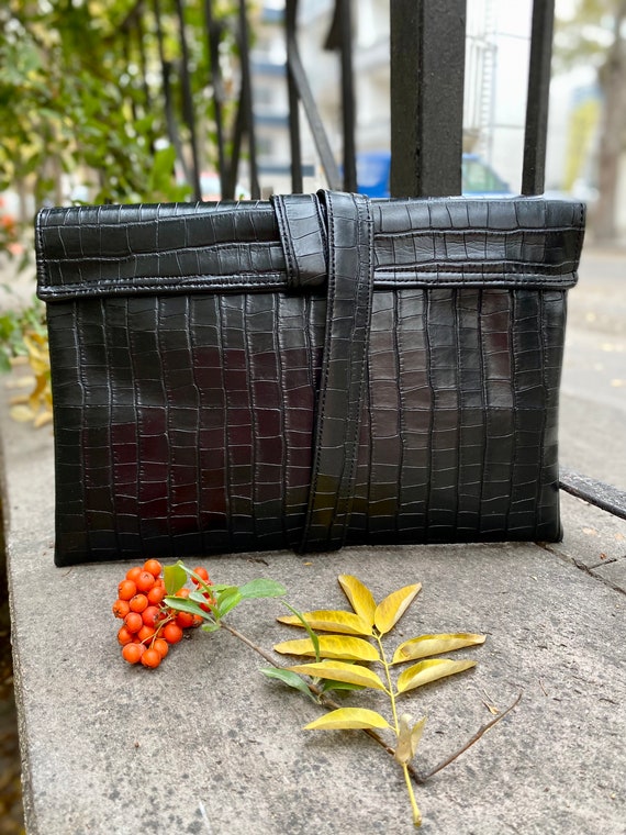 Black Crocodile Clutch Bag Faux Leather Party Bag Vegan Daily Bag iPad Case Large Purse Casual Handbag Evening Bag Christmas Gift Etsy