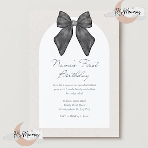 Simple Black Bow Birthday Invitation | Bow Birthday Digital Template | Black Bow | kids birthday | Bow Theme