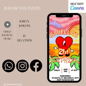 Bad Bunny Birthday Mobile Invitation with Music | Birthday Invitation | Bad Bunny Digital Template | Editable Birthday Invitation