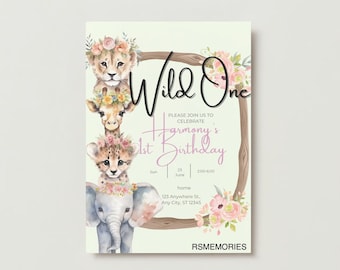 WILD ONE Birthday Invitation | Birthday Invitation | 1st Birthday Digital Template | Baby Animals | kids birthday | Jungle Theme