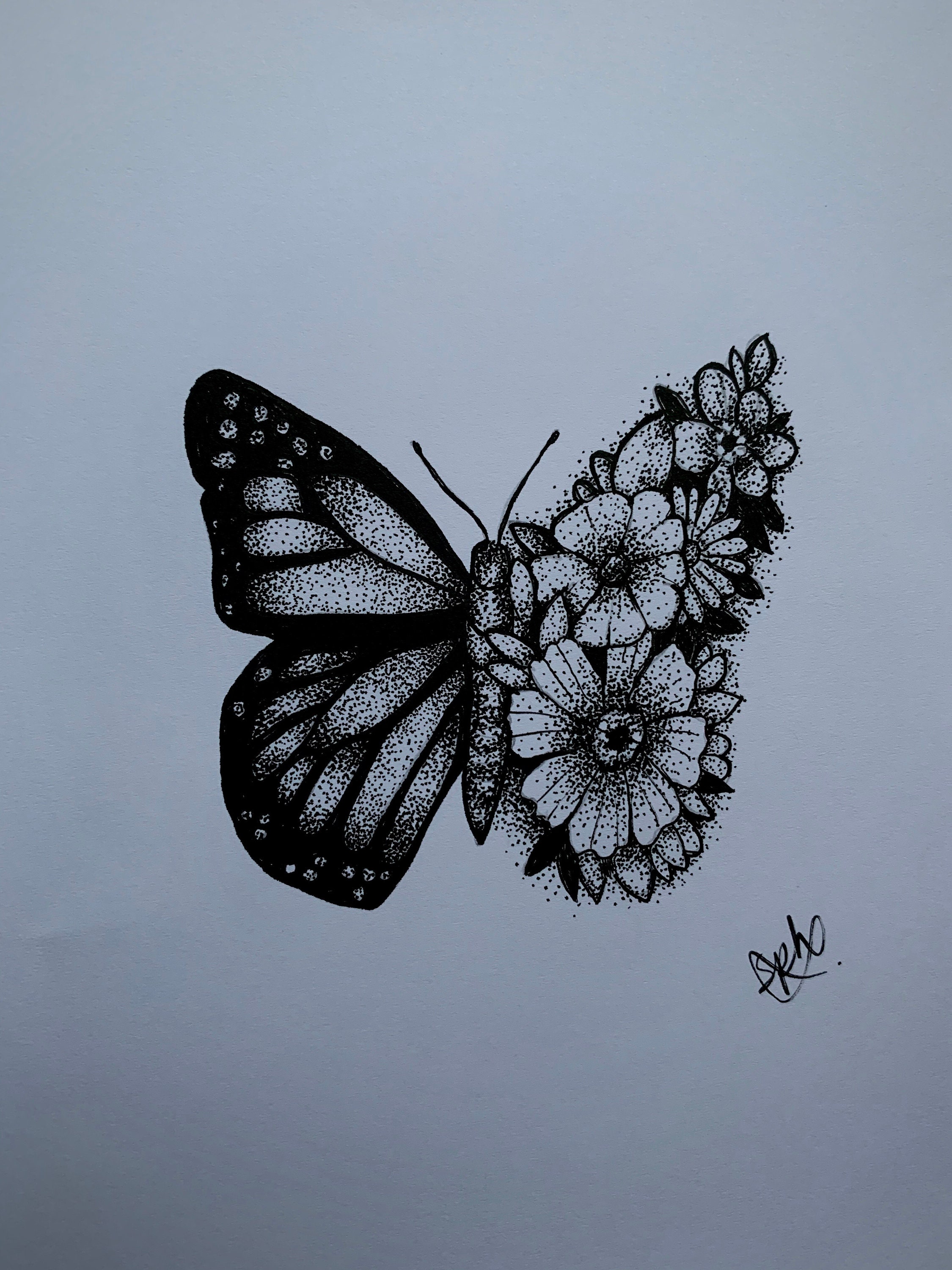A5 Half Butterfly Half Flowers Hand Drawn Ink Dotwork Etsy