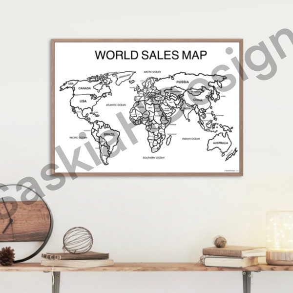 WORLD Sales Map DIGITAL DOWNLOAD, Small Business Tracker, Sales Tracker, Colour In World Map, Global Map, World Sales Tracker