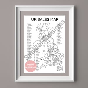 May include: A framed black and white UK sales map with a list of cities and regions. The map is labeled "UK SALES MAP" and includes a small inset map. A pink circle with the words "Digital Download" is in the lower left corner.