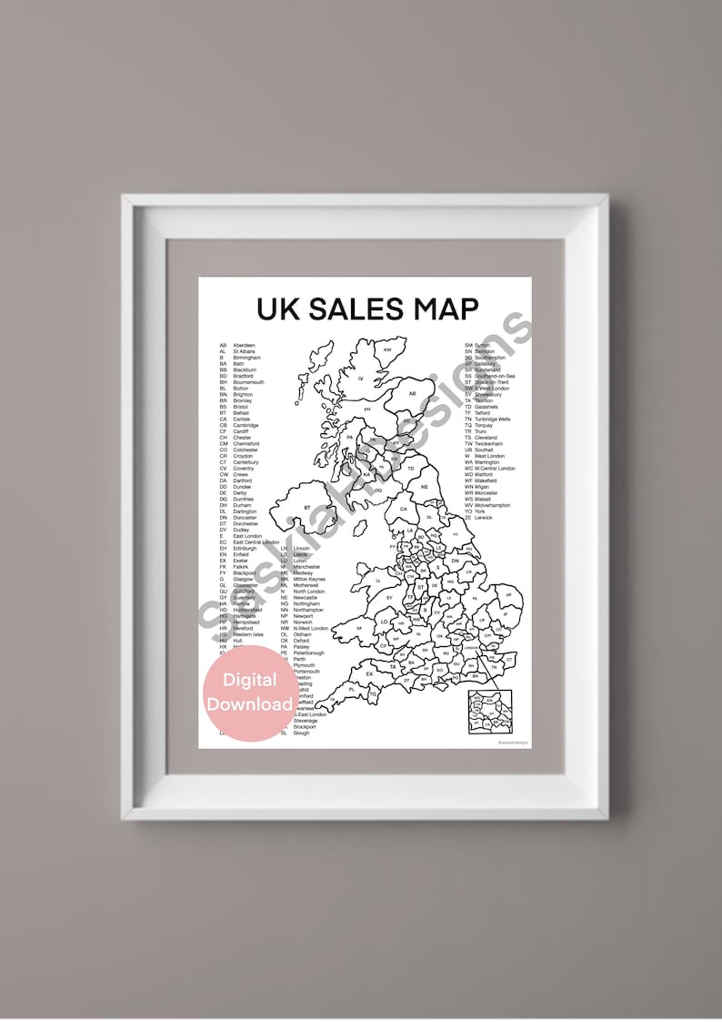 May include: A framed black and white UK sales map with a list of cities and regions. The map is labeled "UK SALES MAP" and includes a small inset map. A pink circle with the words "Digital Download" is in the lower left corner.