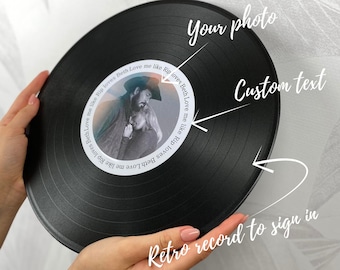 Photo guest book, Record to sign, Custom vinyl record 12 in, Wedding guest book alternative, Record record wedding guest book, Custom label