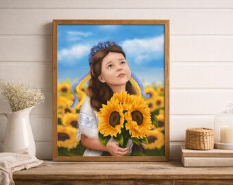 Ukraine Girl Sunflower Art, Support Ukraine Print, Blue Yellow Poster (Digital Download)
