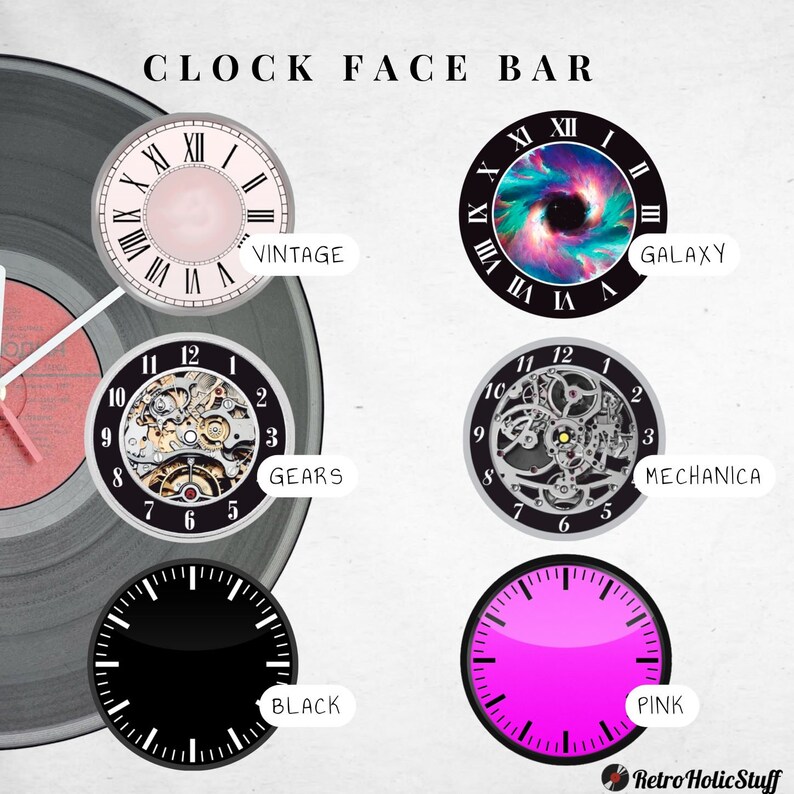 May include: A set of ten different clock face designs, including vintage, galaxy, gears, mechanical, black, and pink. The clock faces are all circular and have black numbers and hands. The background is white.
