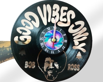 Relógio de parede com disco de vinil Bob Ross, Good Vibes Art