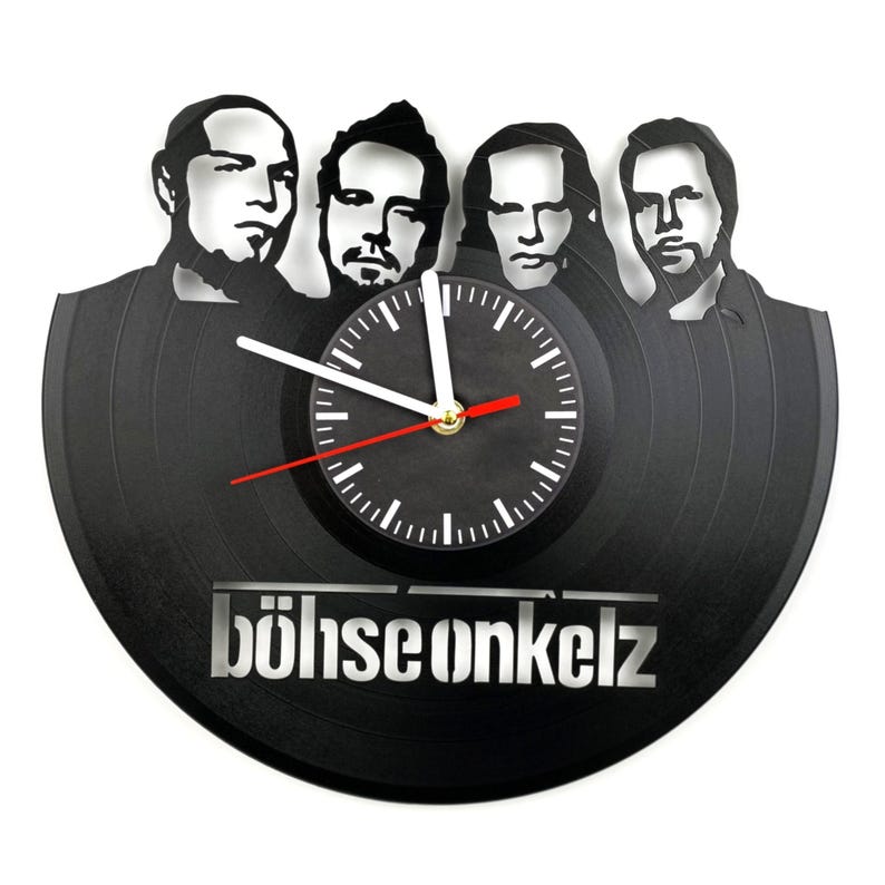 Straight-on photo of Böhse Onkelz vinyl wall clock with band silhouette and band name cut into the lower section of the record.