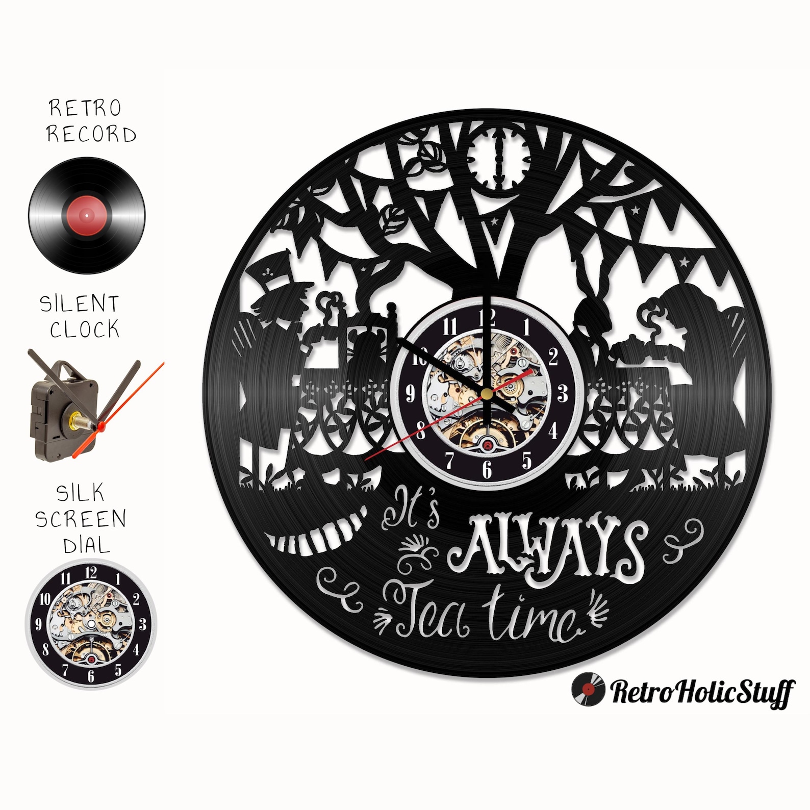 Wonderland Vinyl Record Clock, Teatime Wall Decor, Tim Burton Gift