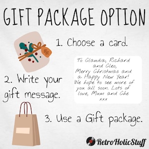 K&ouml;nnte beinhalten: Eine grafische Illustration einer Geschenkverpackungsoption. Das Bild zeigt eine verpackte Geschenkbox, eine Geschenkt&uuml;te und eine Karte mit einer handgeschriebenen Nachricht. Der Text auf dem Bild lautet "Gift Package Option", "Choose a card", "Write your gift message", und "Use a Gift package".