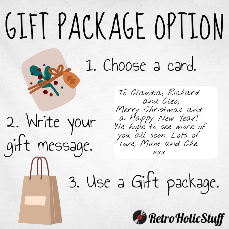 K&ouml;nnte beinhalten: Eine grafische Illustration einer Geschenkverpackungsoption. Das Bild zeigt eine verpackte Geschenkbox, eine Geschenkt&uuml;te und eine Karte mit einer handgeschriebenen Nachricht. Der Text auf dem Bild lautet "Gift Package Option", "Choose a card", "Write your gift message", und "Use a Gift package".